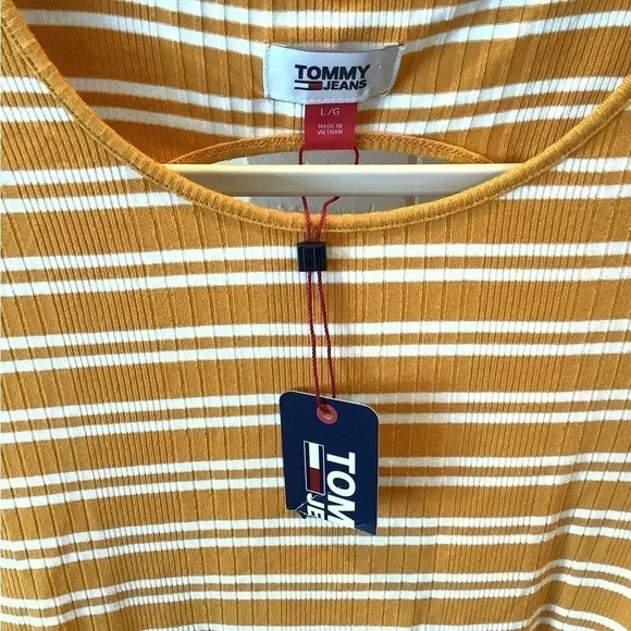 #48 Tommy Jeans NWT Sz Large Mustard & Whits striped Top - Picture 3 of 5